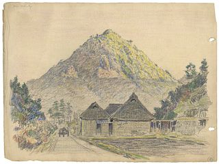 Martin Lewis - Japanese Village with Mountain Background - Original Drawing