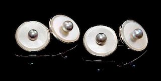 A Pair of Silver, Mother-of-Pearl and Cultured Pearl Cufflinks, Mikimoto, 5.50 dwts.
