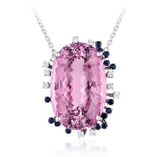 A Kunzite Diamond and Sapphire Pendant Necklace