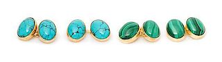 * A Collection of 9 Karat Yellow Gold, Malachite and Turquoise Cufflinks, British, 12.90 dwts.