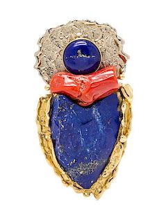 A Yellow Gold, Lapis Lazuli and Coral Button/Enhancer, Nikki Feldbaum Sedacca, 31.30 dwts.