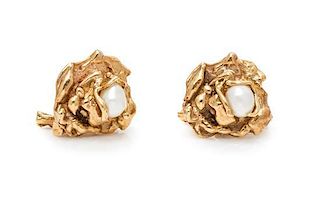 A Pair of Yellow Gold and Cultured Baroque Pearl Cufflinks, 14.30 dwts.