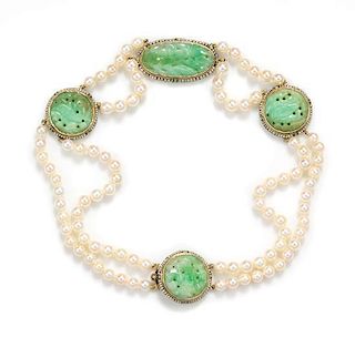 A 14 Karat Yellow Gold, Jade, Cultured Pearl, and Polychrome Enamel Necklace, 26.4 dwts.