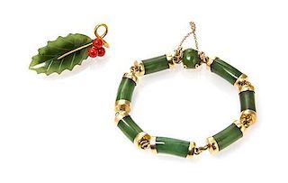 A Collection of Yellow Gold, Gold Filled, Nephrite Jade and Coral Jewelry, 20.10 dwts.