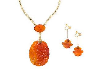 A Collection of Yellow Gold and Carnelian Jewelry, 21.80 dwts.