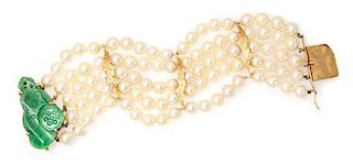A 14 Karat Yellow Gold, Jade and Cultured Pearl Multistrand Bracelet,