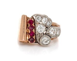 A Retro Gold, Diamond and Ruby Ring, 5.90 dwts.