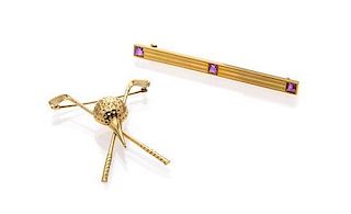 A Collection of 14 Karat Yellow Gold and Amethyst Brooches, 5.10 dwts.