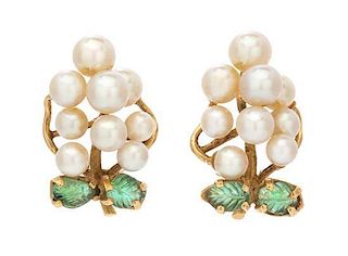 A Pair of 14 Karat Yellow Gold, Cultured Pearl and Emerald Earclips, 8.70 dwts.