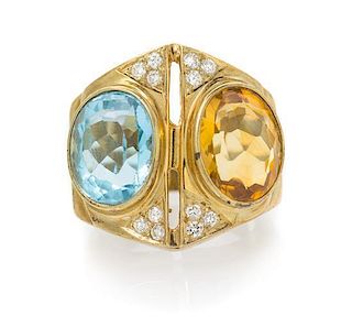 A 14 Karat Yellow Gold, Blue Topaz, Citrine and Diamond Ring, 9.30 dwts.