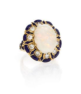 An 18 Karat Yellow Gold, Opal, Diamond and Enamel Ring, 8.50 dwts.