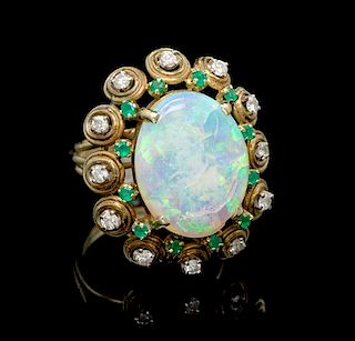 A 14 Karat Yellow Gold, Opal, Diamond and Emerald Ring, 6.40 dwts.