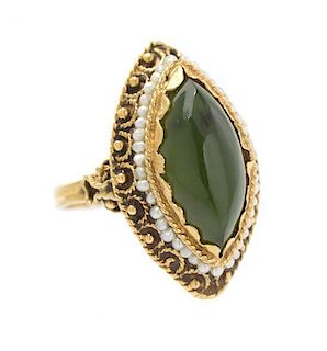 A 14 Karat Yellow Gold, Jade, and Seed Pearl Ring, 4.00 dwts.
