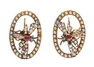 * A Pair of Yellow Gold, Silver, Seed Pearl, Ruby, Emerald and Diamond Insect Earrings, 4.90 dwts.