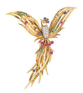 An 18 Karat Yellow Gold, Ruby, Emerald, Sapphire and Diamond Bird Brooch, Austrian, 14.12 dwts.