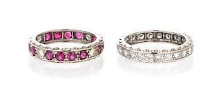 A Pair of White Gold, Diamond and Ruby Bands, 4.30 dwts.