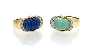 A Collection of 18 Karat Yellow Gold, Lapis, Turquoise and Diamond Rings, 8.90 dwts.
