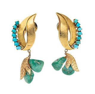 A Pair of 18 Karat Yellow Gold and Turquoise Earclips, Austrian, 11.70 dwts.