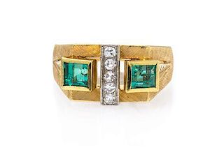 An Yellow Gold, Emerald and Diamond Ring, 4.40 dwts.