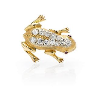 A Vintage 18 Karat Gold, Diamond and Ruby Frog Brooch, 5.10 dwts.