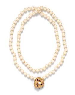 A 14 Karat Yellow Gold Cultured Pearl and Pink Tourmaline Necklace,