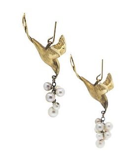 A Pair of Yellow Gold and Cultured Pearl Swallow Motif Earrings, 2.60 dwts.