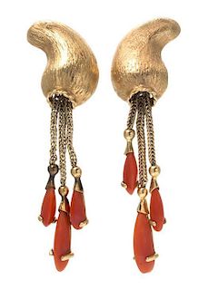 A Pair of 14 Karat Yellow Gold and Coral Earclips, 6.50 dwts.