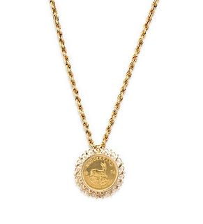 A 14 Karat Yellow Gold and South African Gold Coin Pendant, 46.70 dwts.