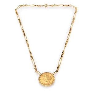 An 18 Karat Yellow Gold and US $5 Dollar Liberty Head Coin Necklace, 14.20 dwts.
