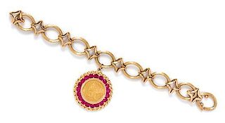 A 14 Karat Yellow Gold, US $5 Dollar Liberty Coin and Synthetic Ruby Bracelet, 39.60 dwts.
