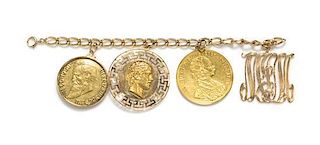 A 14 Karat Yellow Gold Bracelet with Four Attached Charms, 41.30 dwts.