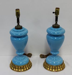 Pair of Antique Blue Glass Lamps.