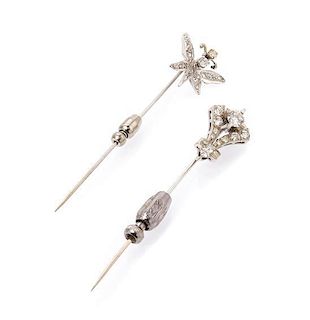 A Collection of White Gold and Diamond Stick Pins, 2.80 dwts.