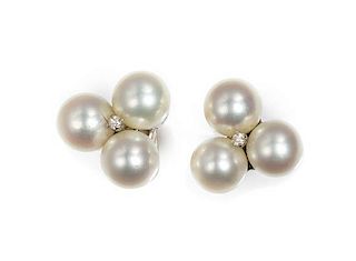 A Pair of White Gold, Cultured Pearl and Diamond Earrings, 6.50 dwts.
