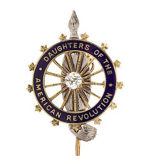 A 14 Karat Gold, Diamond and Enamel Daughters of the American Revolution Pendant/Brooch, J.E. Caldwell & Co., 3.80 dwts.