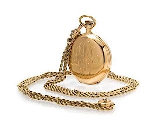 A 14 Karat Yellow Gold and Diamond Hunter Case Pocketwatch with Longchain, 36.00 dwts.