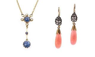 A 14 Karat Yellow Gold, Sapphire and Seed Pearl Lavalier Necklace, 3.40 dwts.