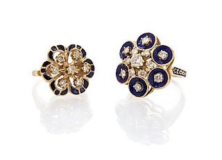 A Collection of Yellow Gold, Diamond and Enamel Cluster Rings, 10.20 dwts.