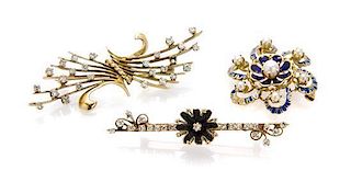 A Collection of Antique Yellow Gold, Diamond, Pearl and Enamel Brooches, 11.60 dwts.