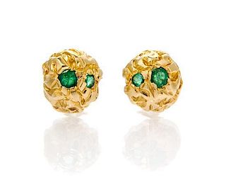 A Pair of 14 Karat Yellow Gold and Emerald Earclips, 7.40 dwts.
