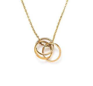 An 18 Karat Tri-Color Gold and Diamond Trinity Rolling Ring Necklace, Cartier, 3.00 dwts.