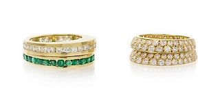 A Collection of Yellow Gold, Diamond and Emerald Eternity Band Stacking Rings, 6.30 dwts.