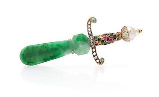 A Yellow Gold, Jade, Cultured Pearl, Diamond and Multi Gem Brooch, 7.10 dwts.