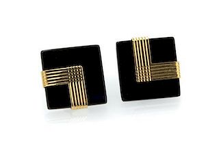 * A Pair of 14 Karat Yellow Gold and Onyx Earrings, 3.20 dwts.
