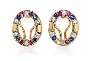 A Pair of 18 Karat Yellow Gold, Diamond, Sapphire and Ruby Earclips, 4.50 dwts.