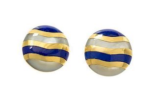 A Pair of 18 Karat Yellow Gold, Lapis Lazuli and Mother-of-Pearl Earclips, 12.05 dwts.