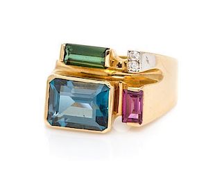 A Yellow Gold, Blue Topaz, Tourmaline and Diamond Ring, 3.50 dwts.