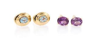 A Collection of 14 Karat Yellow Gold, Amethyst and Topaz Earclips, 6.60 dwts.