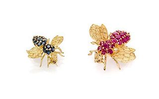 A Collection of 14 Karat Yellow Gold, Ruby and Sapphire Bee Pendants/Brooches, 5.10 dwts.