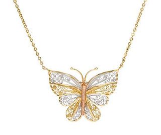 A 14 Karat Tri-Color Gold Butterfly Necklace, Turkish, 3.8 dwts.